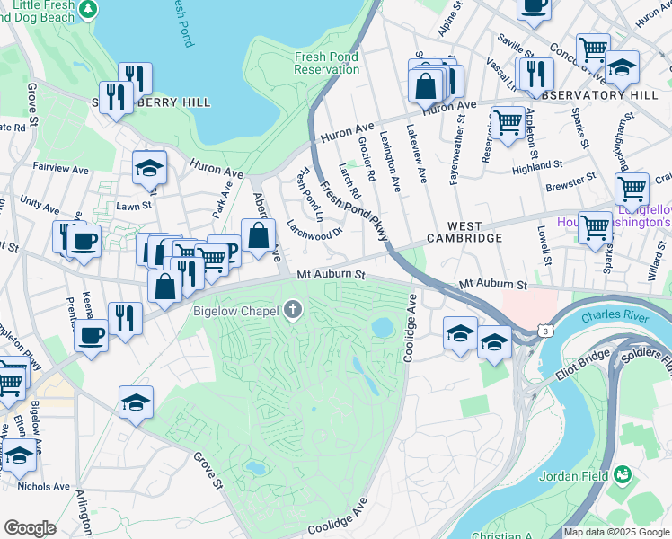 map of restaurants, bars, coffee shops, grocery stores, and more near 527 Mount Auburn Street in Cambridge