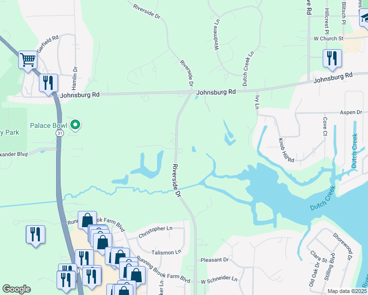 map of restaurants, bars, coffee shops, grocery stores, and more near 3410 Riverside Drive in Johnsburg