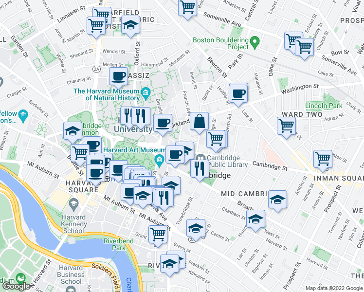 map of restaurants, bars, coffee shops, grocery stores, and more near 1715 Cambridge St in Mid-Cambridge