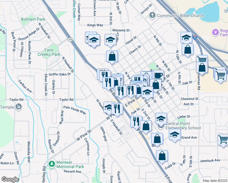map of restaurants, bars, coffee shops, grocery stores, and more near 112-132 N Front St in Central Point