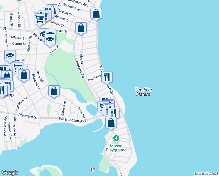 map of restaurants, bars, coffee shops, grocery stores, and more near 53 Cutler Street in Winthrop