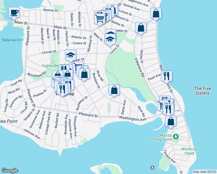 map of restaurants, bars, coffee shops, grocery stores, and more near 76 Chester Avenue in Winthrop