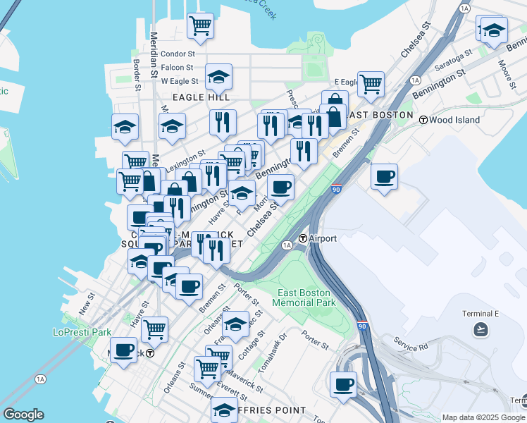 map of restaurants, bars, coffee shops, grocery stores, and more near 217 Chelsea Street in Boston