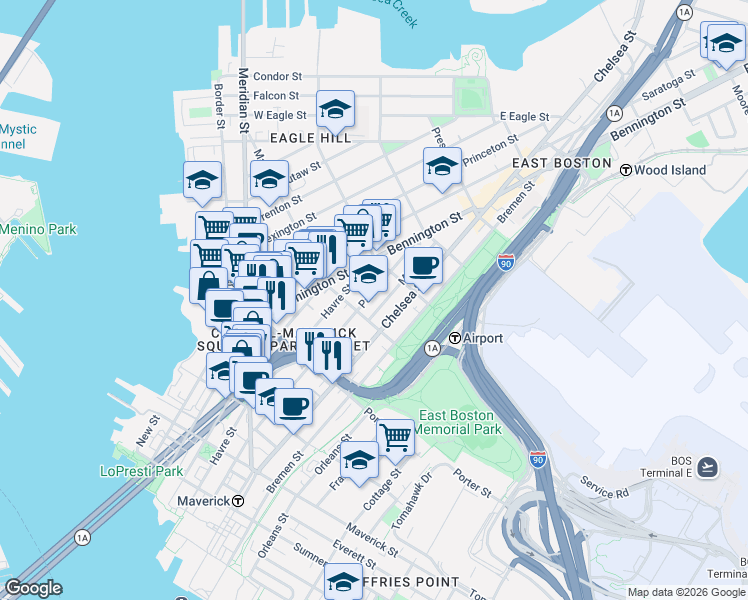 map of restaurants, bars, coffee shops, grocery stores, and more near 223 Marion Street in Boston