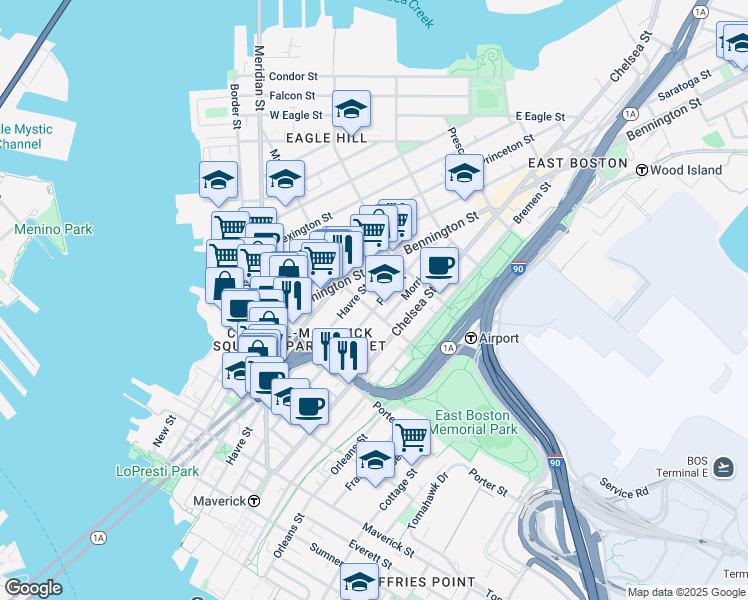 map of restaurants, bars, coffee shops, grocery stores, and more near 223 Marion Street in Boston