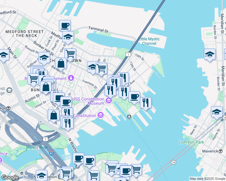 map of restaurants, bars, coffee shops, grocery stores, and more near 32 1st Avenue in Boston
