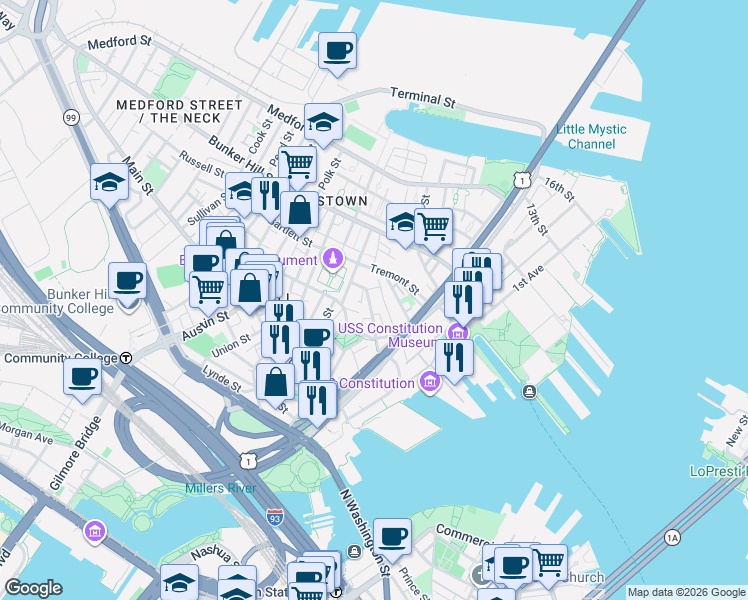 map of restaurants, bars, coffee shops, grocery stores, and more near 6 Wallace Court in Boston