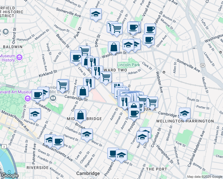 map of restaurants, bars, coffee shops, grocery stores, and more near 28 Beacon Street in Somerville