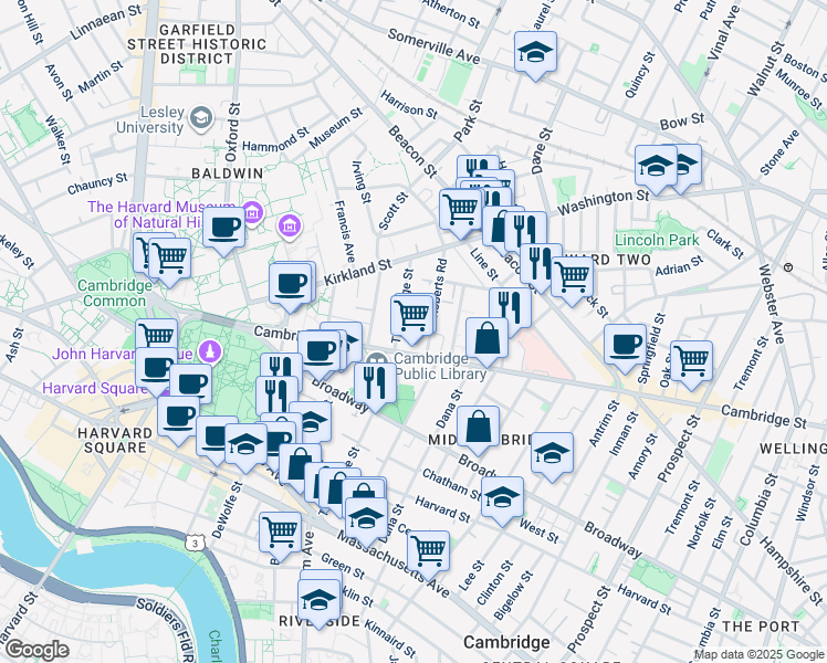 map of restaurants, bars, coffee shops, grocery stores, and more near 1629 Cambridge Street in Cambridge