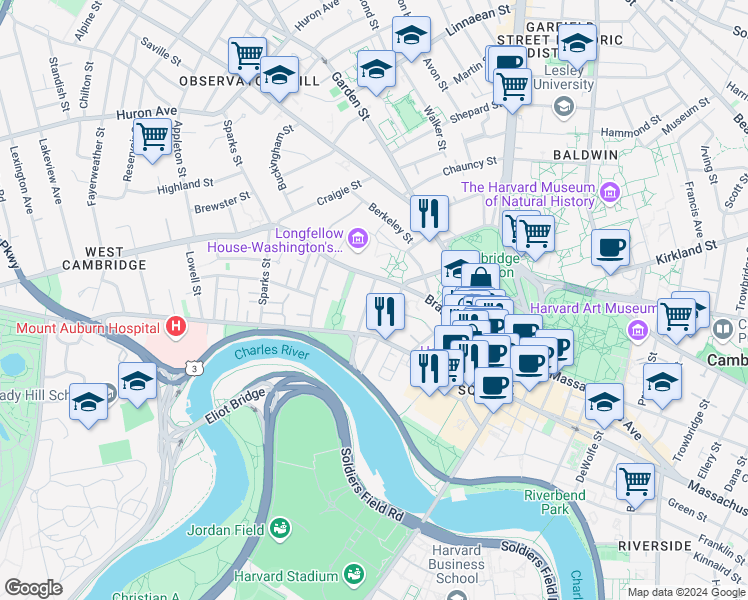 map of restaurants, bars, coffee shops, grocery stores, and more near 6 Acacia Street in Cambridge