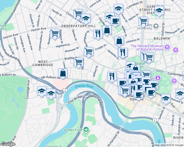 map of restaurants, bars, coffee shops, grocery stores, and more near 33 Willard Street in Cambridge