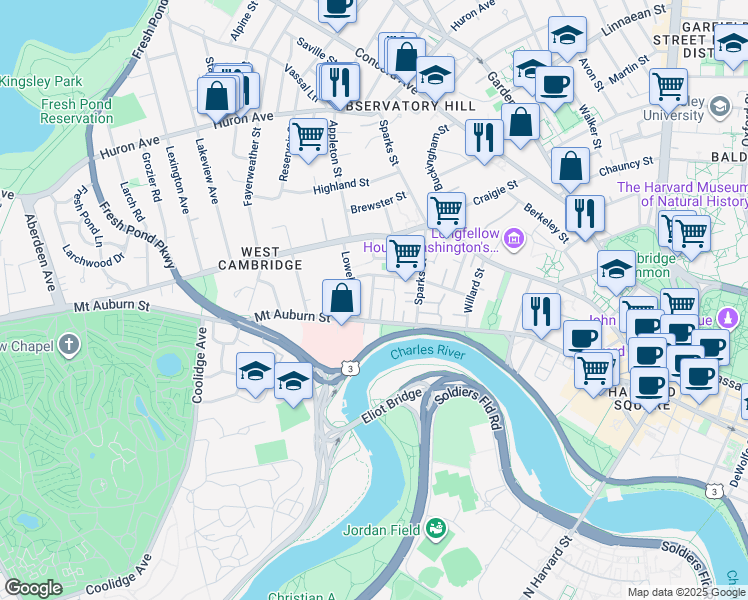 map of restaurants, bars, coffee shops, grocery stores, and more near 25 Lowell Street in Cambridge