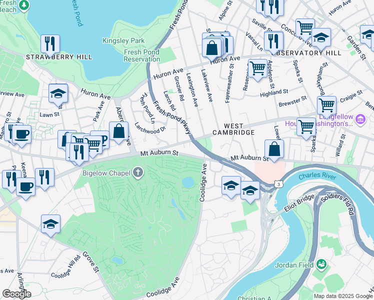 map of restaurants, bars, coffee shops, grocery stores, and more near 497 Mount Auburn Street in Cambridge