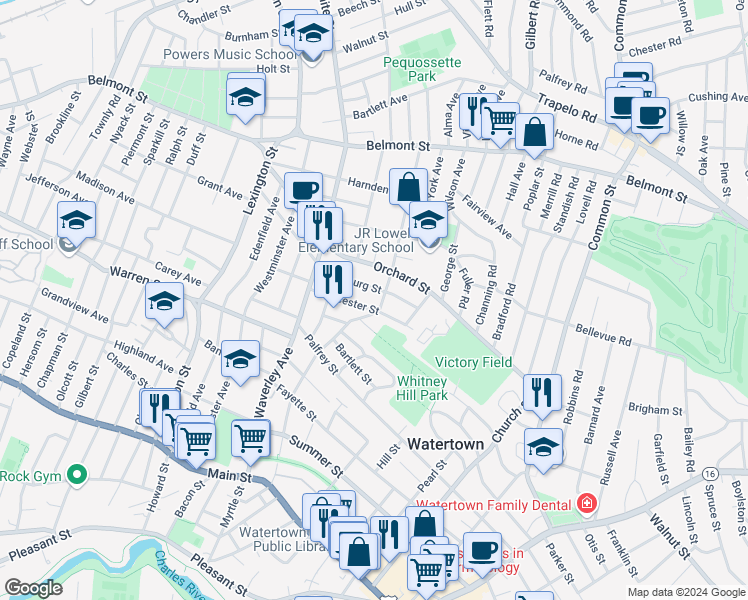 map of restaurants, bars, coffee shops, grocery stores, and more near 131 Worcester Street in Watertown