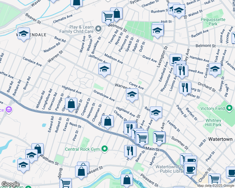 map of restaurants, bars, coffee shops, grocery stores, and more near 9 Grandview Avenue in Watertown