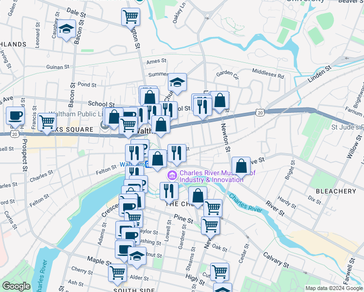 map of restaurants, bars, coffee shops, grocery stores, and more near 70 Central Street in Waltham
