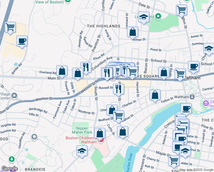map of restaurants, bars, coffee shops, grocery stores, and more near 136 Russell Street in Waltham