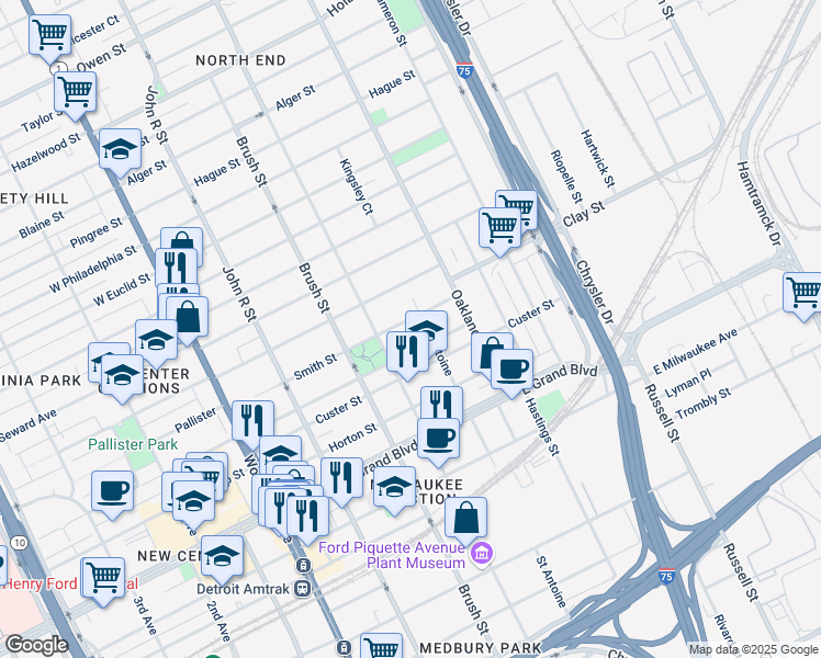 map of restaurants, bars, coffee shops, grocery stores, and more near 525 East Bethune Street in Detroit