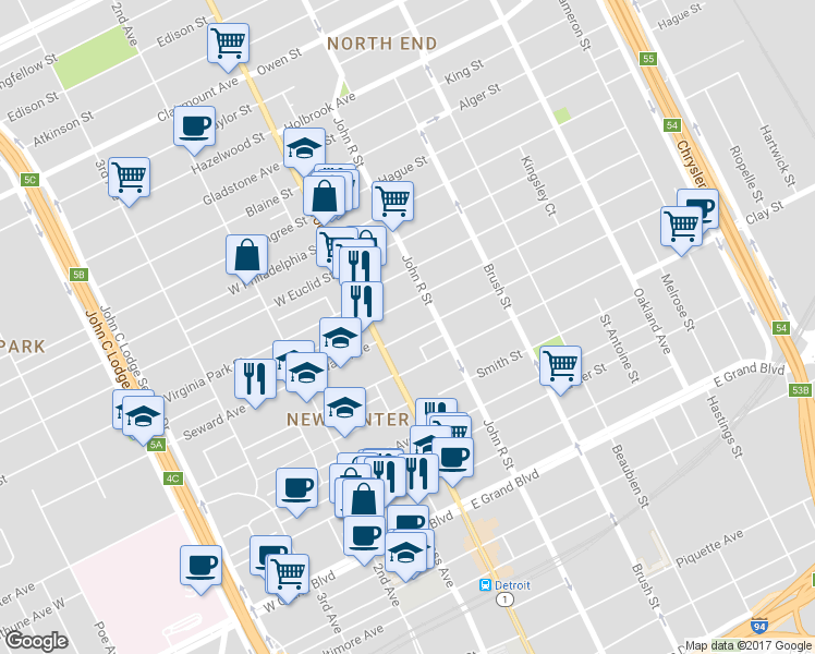 map of restaurants, bars, coffee shops, grocery stores, and more near 21 Marston Street in Detroit