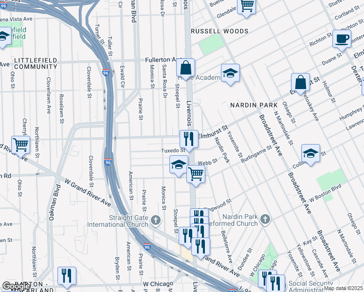 map of restaurants, bars, coffee shops, grocery stores, and more near 6375 Tuxedo Street in Detroit