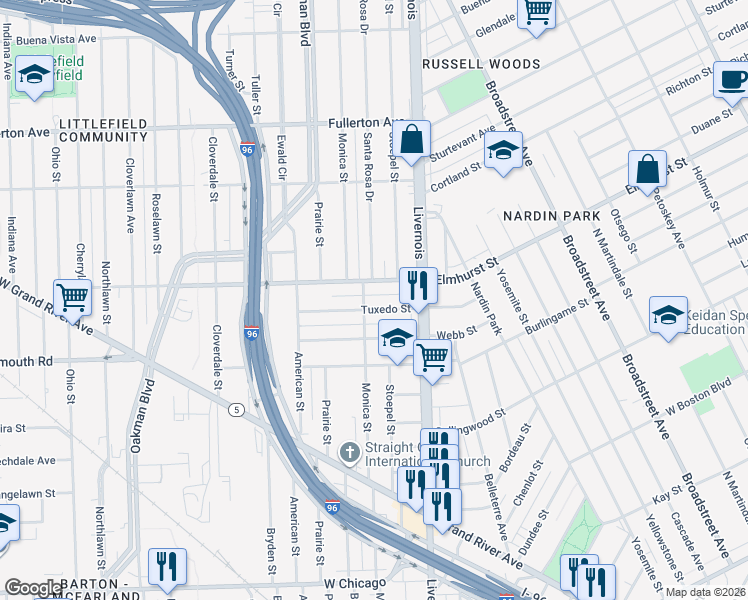 map of restaurants, bars, coffee shops, grocery stores, and more near 6375 Tuxedo Street in Detroit