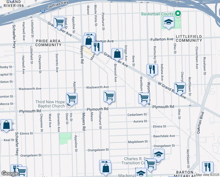 map of restaurants, bars, coffee shops, grocery stores, and more near 11717 Mendota Street in Detroit