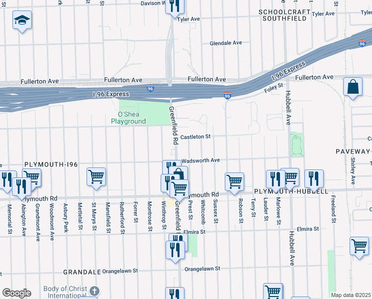 map of restaurants, bars, coffee shops, grocery stores, and more near 12010 Greenfield Road in Detroit