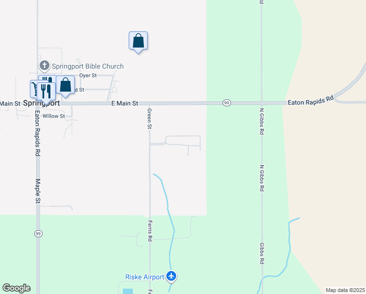 map of restaurants, bars, coffee shops, grocery stores, and more near 271 Green Street in Springport