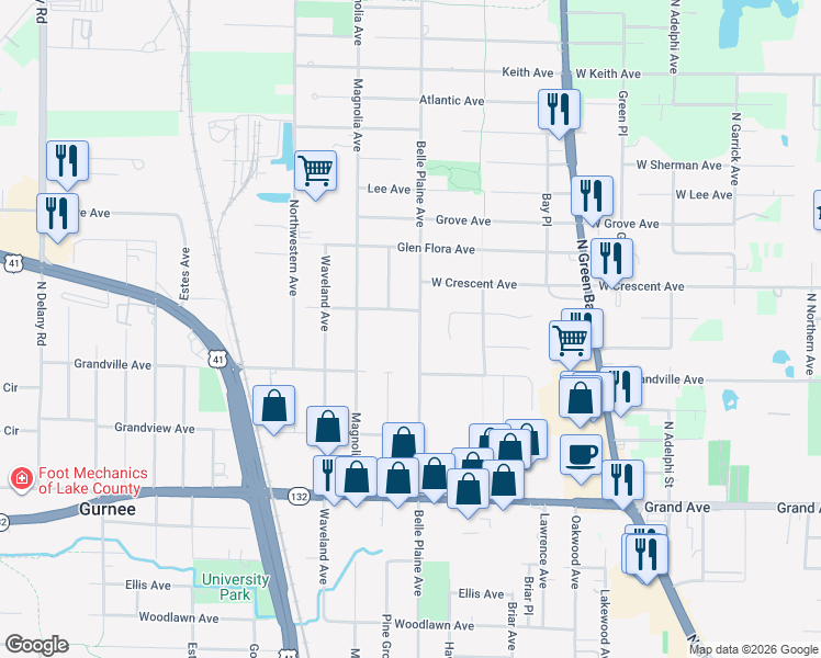 map of restaurants, bars, coffee shops, grocery stores, and more near 1070 Belle Plaine Avenue in Gurnee