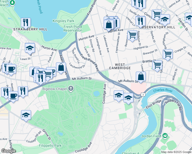 map of restaurants, bars, coffee shops, grocery stores, and more near 3 Brattle Circle in Cambridge