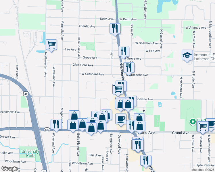 map of restaurants, bars, coffee shops, grocery stores, and more near 3405 Meadow Crest Circle in Gurnee