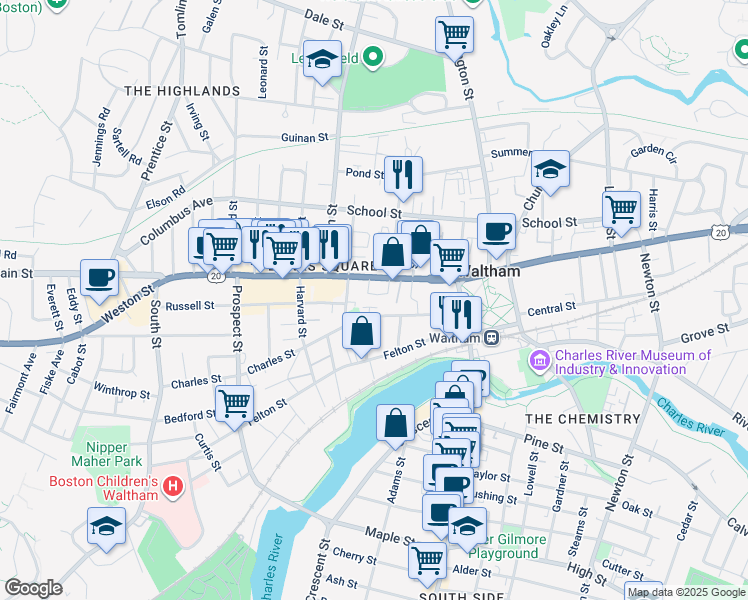 map of restaurants, bars, coffee shops, grocery stores, and more near 85 Charles Street in Waltham