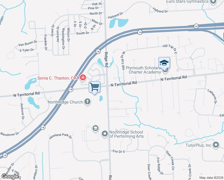 map of restaurants, bars, coffee shops, grocery stores, and more near 13300 Ridge Road in Plymouth