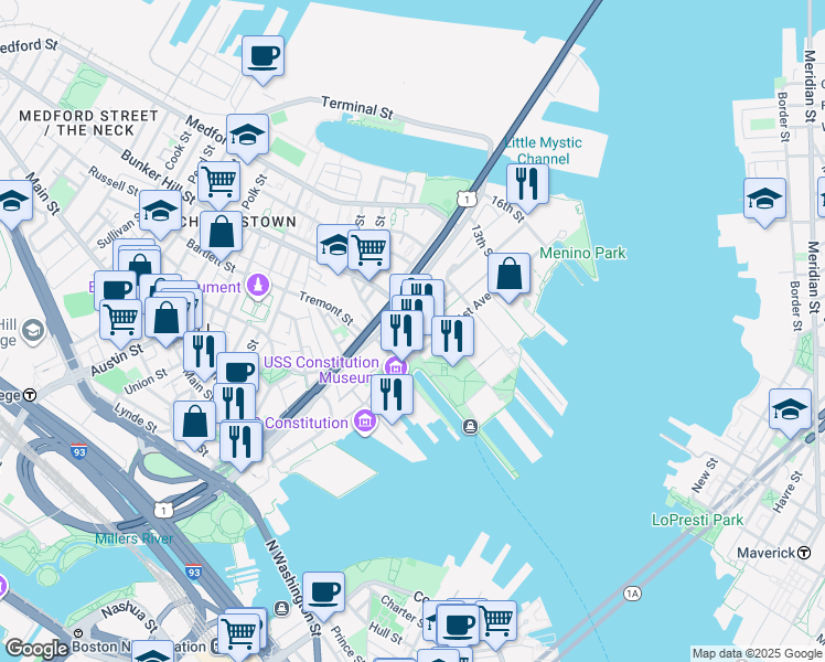map of restaurants, bars, coffee shops, grocery stores, and more near 33 3rd Avenue in Boston