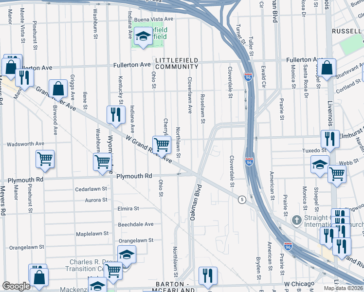 map of restaurants, bars, coffee shops, grocery stores, and more near 11184 Northlawn Street in Detroit