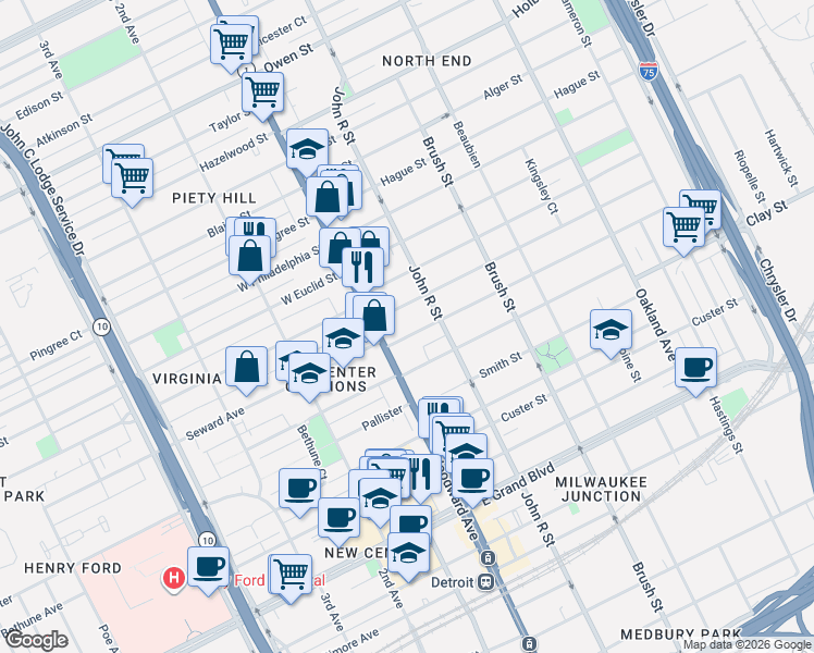 map of restaurants, bars, coffee shops, grocery stores, and more near 53 Marston Street in Detroit