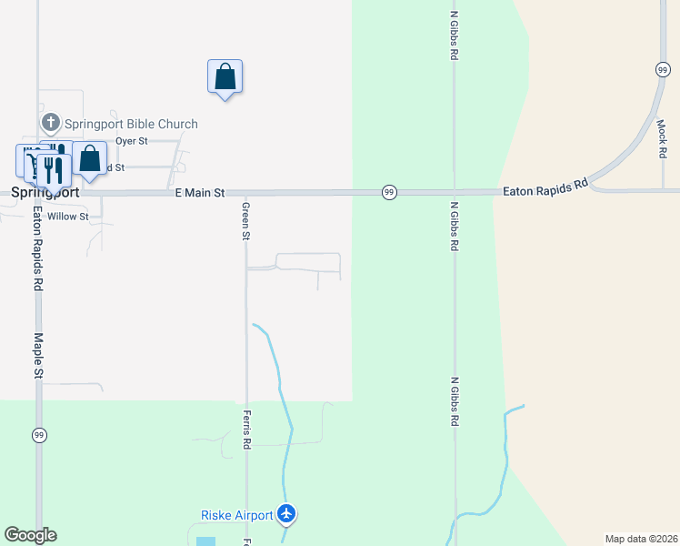 map of restaurants, bars, coffee shops, grocery stores, and more near 271 Green Street in Springport