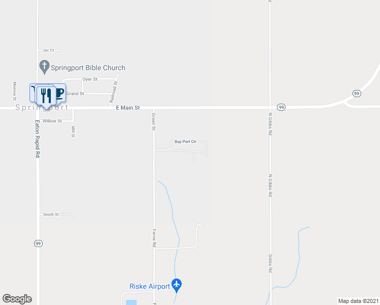 map of restaurants, bars, coffee shops, grocery stores, and more near 271 Green Street in Springport