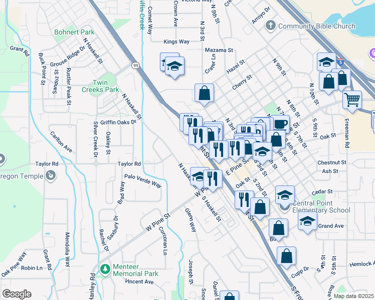 map of restaurants, bars, coffee shops, grocery stores, and more near 320 South Haskell Street in Central Point
