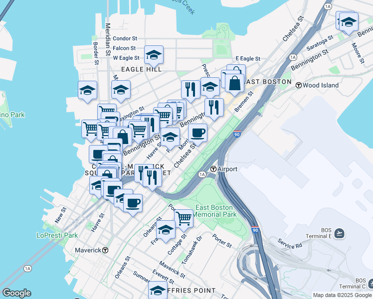 map of restaurants, bars, coffee shops, grocery stores, and more near 217 Chelsea Street in Boston