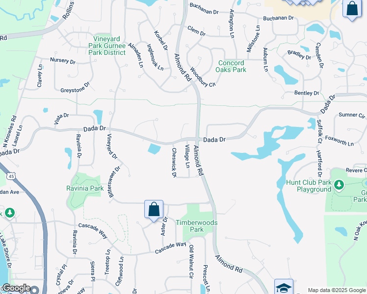 map of restaurants, bars, coffee shops, grocery stores, and more near 1058 Village Lane in Gurnee
