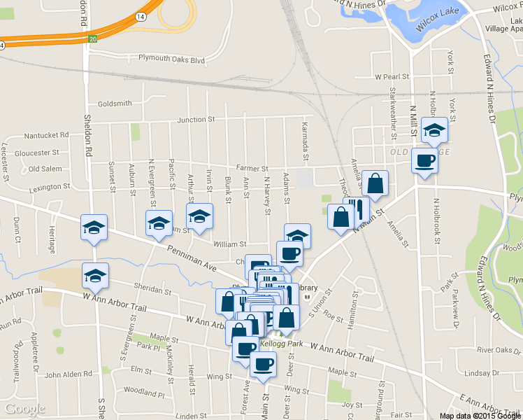 map of restaurants, bars, coffee shops, grocery stores, and more near 323 North Harvey Street in Plymouth