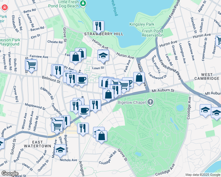 map of restaurants, bars, coffee shops, grocery stores, and more near 27 Cushing Street in Cambridge