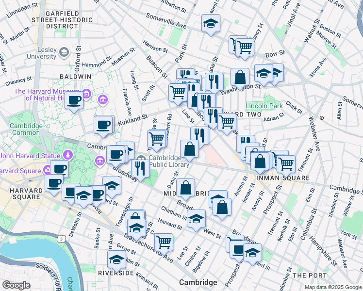 map of restaurants, bars, coffee shops, grocery stores, and more near 1575 Cambridge Street in Cambridge