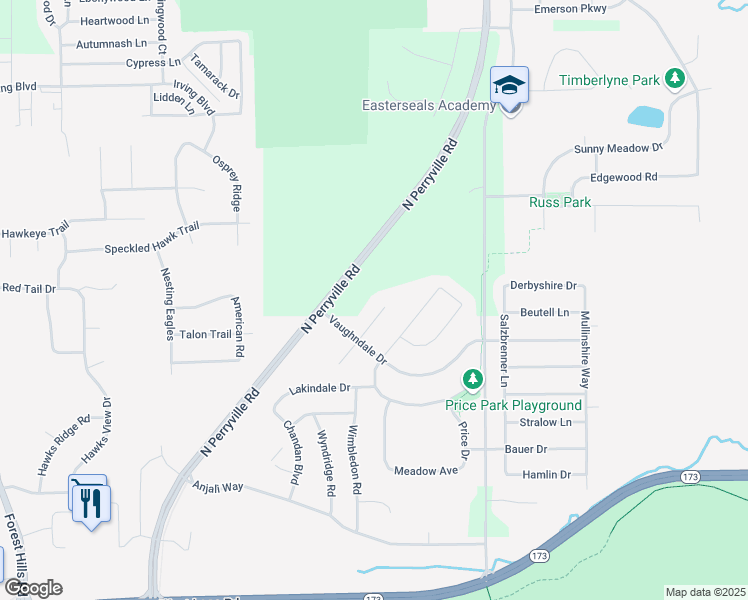 map of restaurants, bars, coffee shops, grocery stores, and more near 7376 Rolling Hills Lane in Machesney Park
