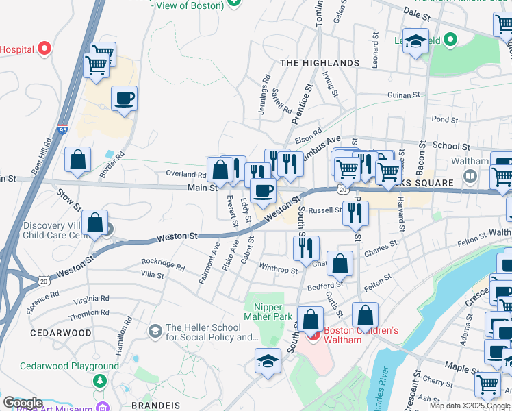 map of restaurants, bars, coffee shops, grocery stores, and more near 11 Eddy Street in Waltham