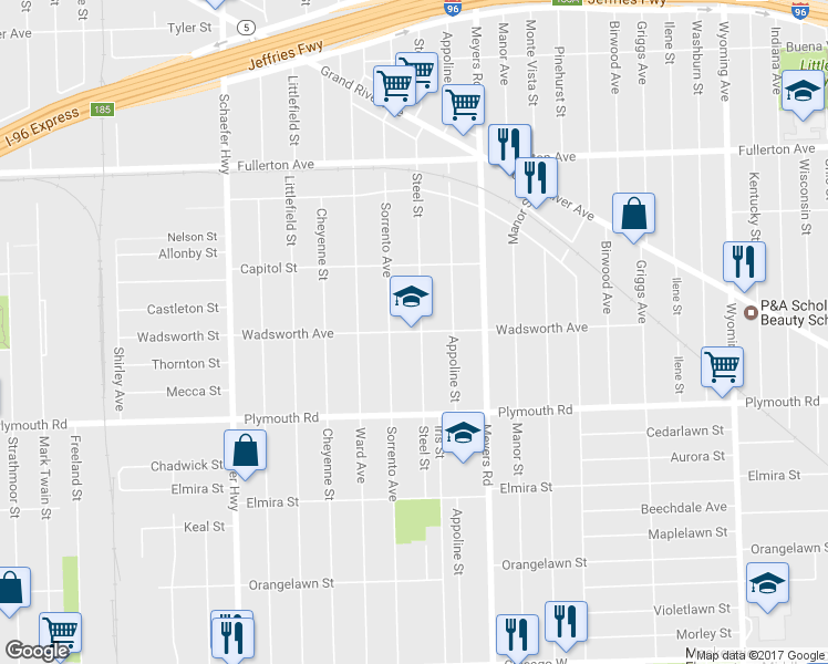 map of restaurants, bars, coffee shops, grocery stores, and more near 11728 Steel Street in Detroit