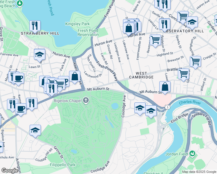 map of restaurants, bars, coffee shops, grocery stores, and more near 497 Mount Auburn Street in Cambridge