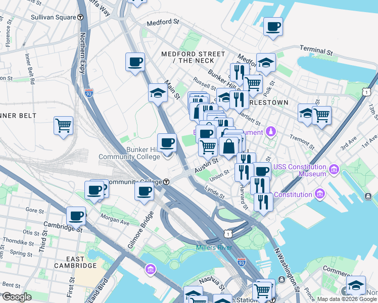 map of restaurants, bars, coffee shops, grocery stores, and more near 29-31 Austin Street in Boston