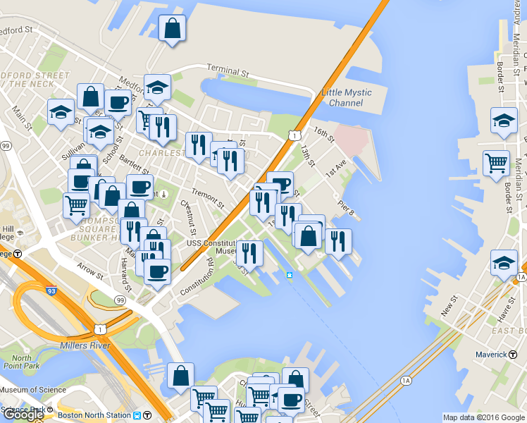 map of restaurants, bars, coffee shops, grocery stores, and more near 32 1st Avenue in Boston